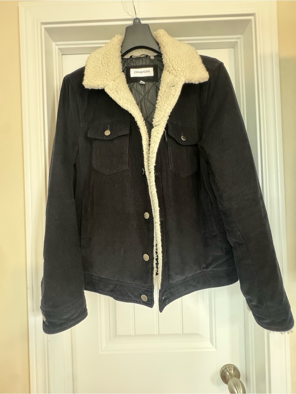 Calvin Klein Black Corduroy Teddy-Lined Jacket with Cream Sherpa Trim